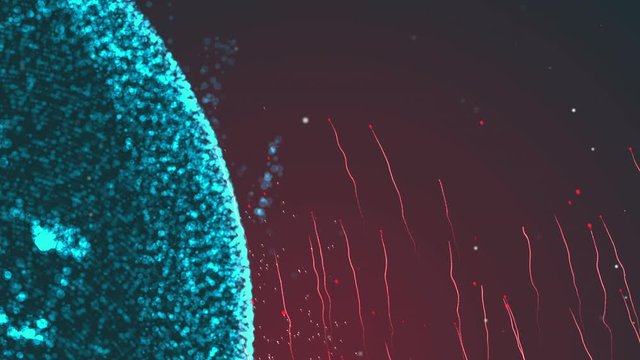 Abstract spermatozoons competition for successful penetration and getting inside an egg formed of blue particles.