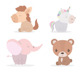 Cute bear unicorn horse and elephant cartoon vector design