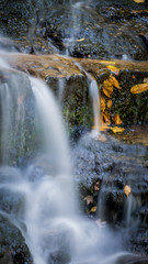 Autumn leaves surround soft cascading waterfalls
