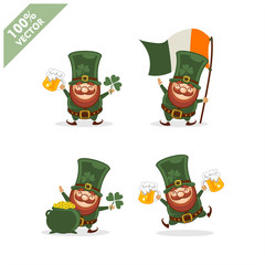 Saint Patrick's Day. Funny Leprechaun with four different poses activity. Vector illustration cartoon isolated silhouette