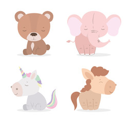 Cute bear unicorn horse and elephant cartoon vector design