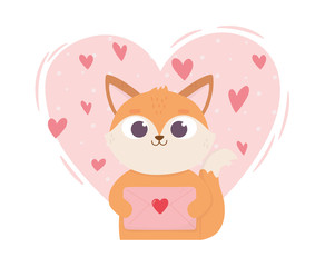 happy valentines day, cute fox with envelope letter hearts
