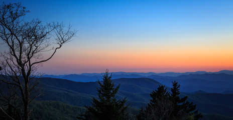 Colorful, clear sky over the blue ridge mountains in North Carolina