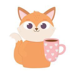happy valentines day, cute fox with coffee cup with hearts
