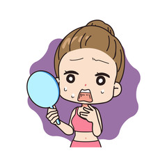 Oblique illustration of woman shocked by wart, upper body.