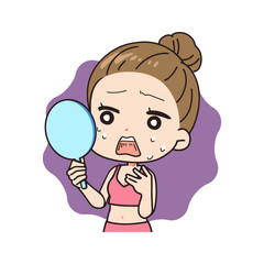 Oblique illustration of woman shocked by wart, upper body.