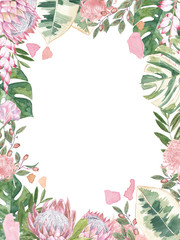 watercolor tropical flower floral frame with flowers isolated hand painted illustration monstera palm leaf  roses