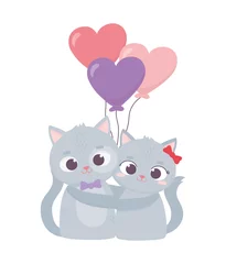Muurstickers Dieren met ballon fijne valentijnsdag, schattig paar kat knuffelen ballonnen harten liefde cartoon