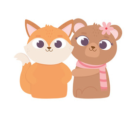 happy valentines day, cute animals bear and fox love cartoon