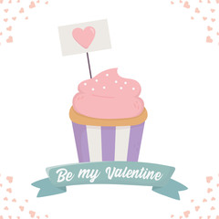 happy valentines day, sweet cupcake and signboard with heart love ribbon