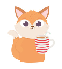happy valentines day, cute fox with cup chocolate and candy cane love