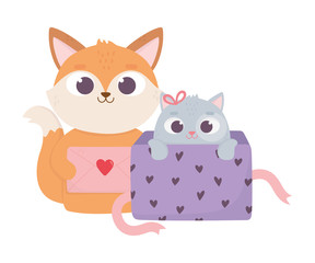 happy valentines day, cute fox with letter and little cat on gift box love