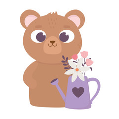 happy valentines day, cute bear watering can flowers heart love