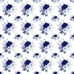 Seamless pattern of blue roses flowers bouquet isolate on white background