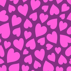 Pink hearts seamless pattern on a purple background. Flat, minimalist and simple. Can be used as a Valentine's day card.