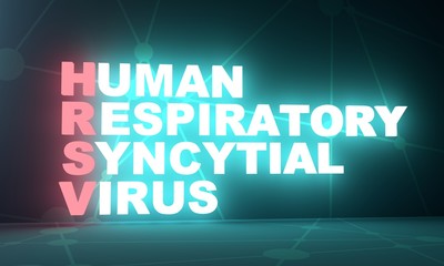 Human respiratory syncytial virus illustration. HRSV text. Medical research theme. Virus epidemic alert. 3d rendering