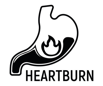 Heartburn Stomach Concept Icon and Label. Health Research Symbol, Icon and Badge. Simple Black Vector illustration