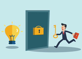 Businessman with golden key try to unlock the door. Concept of business risk and success