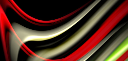 Abstract silk smooth lines on black, multicolored liquid fluid rainbow style waves on black