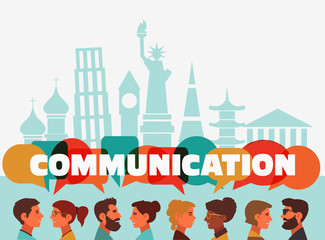 Group of young people speaking together. Male and female faces avatars and the word "communication" with colorful dialog speech bubbles. Communication, teamwork and connection vector concept