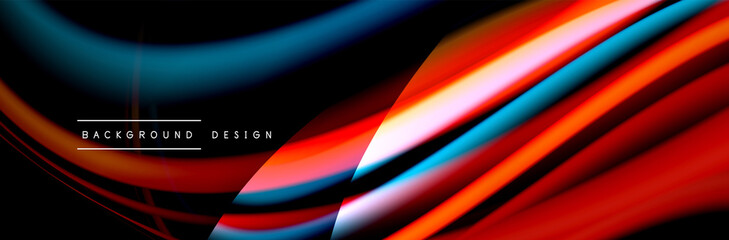 Сolorful flow poster. Wave liquid lines and shapes in black color background. Vector Illustration