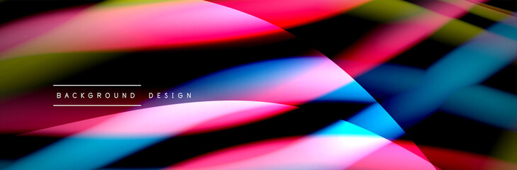 Сolorful flow poster. Wave liquid lines and shapes in black color background. Vector Illustration