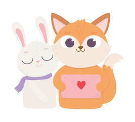 happy valentines day, cute fox with envelope letter and rabbit heart decoration
