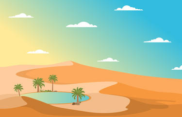 Fototapeta na wymiar Oasis Date Palm Tree Desert Hill Arabian Landscape Illustration