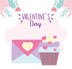 happy valentines day, envelope message sweet cupcake foliage hearts