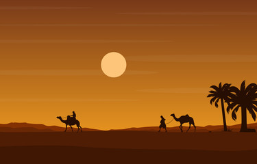Fototapeta na wymiar Camel Rider Crossing Vast Desert Hill Arabian Landscape Illustration