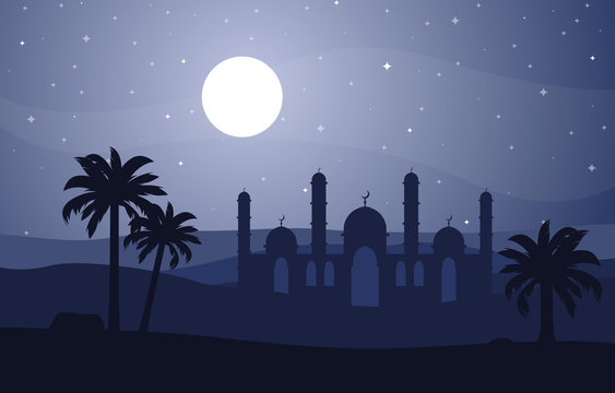 Night Desert Islamic Mosque Date Palm Tree Arabian Landscape Illustration