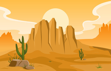 Fototapeta premium Day in Vast Western American Desert with Cactus Horizon Landscape Illustration