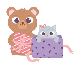 happy valentines day, bear with gift and little cat on gift box