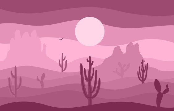 Day in Vast Western American Desert with Cactus Horizon Landscape Illustration © jongjawi