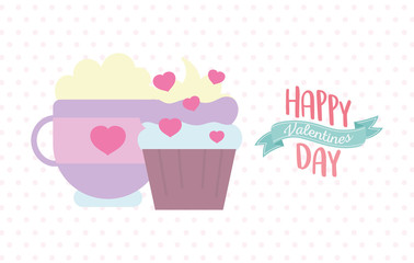 happy valentines day, sweet cupcake and coffee cup dots background