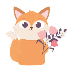 happy valentines day, cute fox cartoon with flowers decoration
