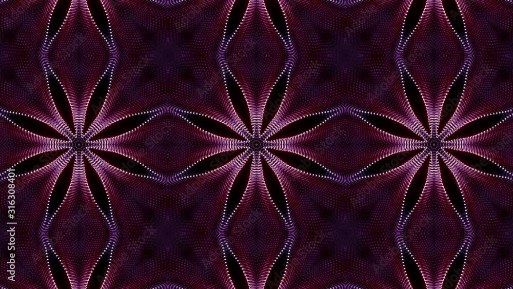 Poster beautiful kaleidoscope patterns in purple on a black background. abstract animated background. 3d re