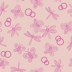 Wedding seamless pattern with butterflies, dragonflies and wedding rings. Vector illustration for Valentine's day. Can be used for weddings and other designs.