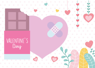 happy valentines day, chocolate bar and broken heart bandage aid hearts leaves decoration