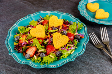 Beautiful salad with chicken nuggets for Valentines Day.