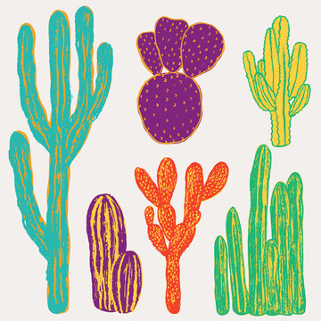 Colorful desert cactus collection. Vector illustration with vintage textures.