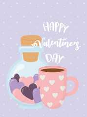 happy valentines day, bottle glass and coffee cup with hearts