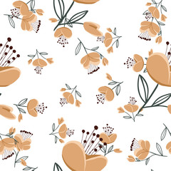 Seamless pattern with colorful hand drawn flowers. Original textile, wrapping paper, wall art surface design. Vector illustration. Floral simple minimalistic graphic design