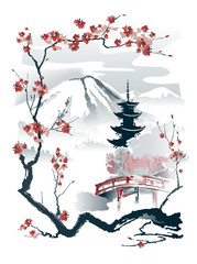 Pagoda and red bridge under the mountain framed by sakura branches. Vector drawing in traditional japanese style sumi-e.