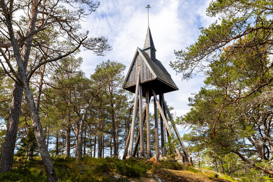 The wooden clock tower from 1930s at Sandhamn  chapel in Stockholm archipelago.