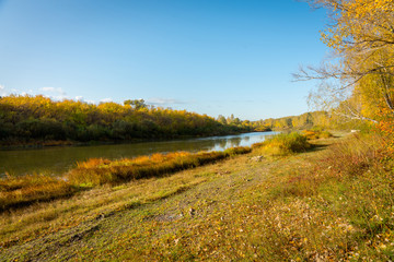 Fototapeta na wymiar Beautiful river in sunshiny morning. Autumn landscape.