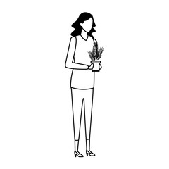 avatar woman standing holding a plant pot, flat design