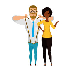 young man with afro woman characters