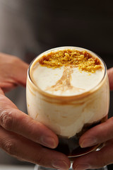 Coffee dessert, tree design on cream 