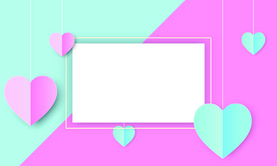 Love paper cut symbol with rectangle blank white frame. Pink and blue color vector card.